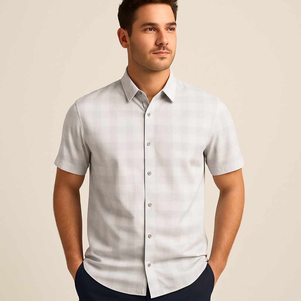 Travis Mathew Light Gray Plaid Short Sleeve Button-Up Shirt - Size XL